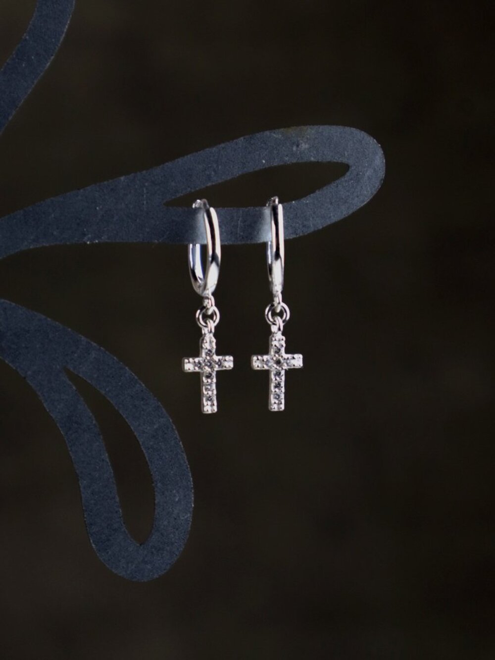 CZ Cross Huggie Earrings Sterling Silver (Rosa Perlina)